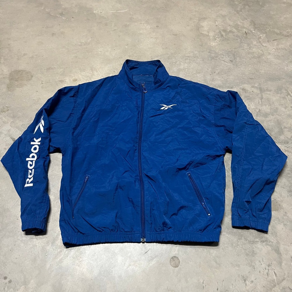 Reebok Windbreaker Jacket Blue Full Zip Mock Neck Logo Sleeve Graphic Womens